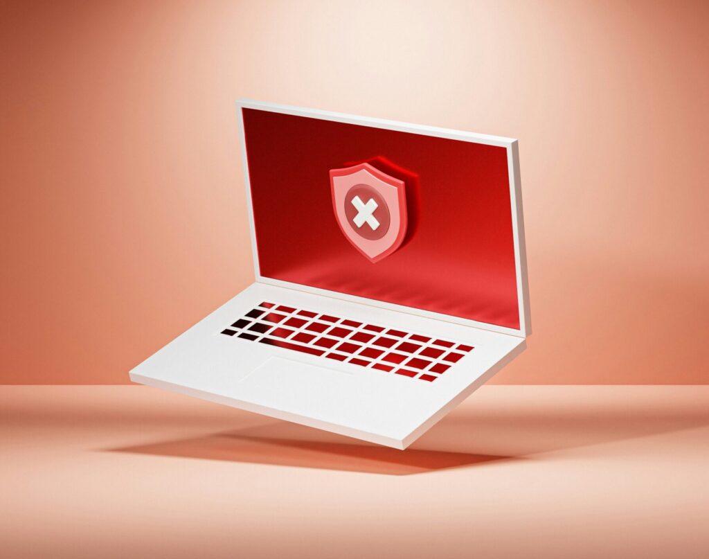Svævende laptop med rødt advarselssymbol og skjold, der repræsenterer databrud og IT-sikkerhedsrisici