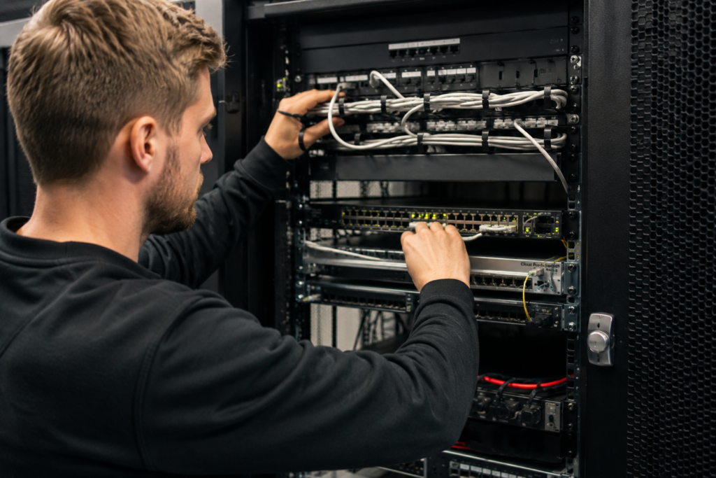 Montør der installere netværksudstyr